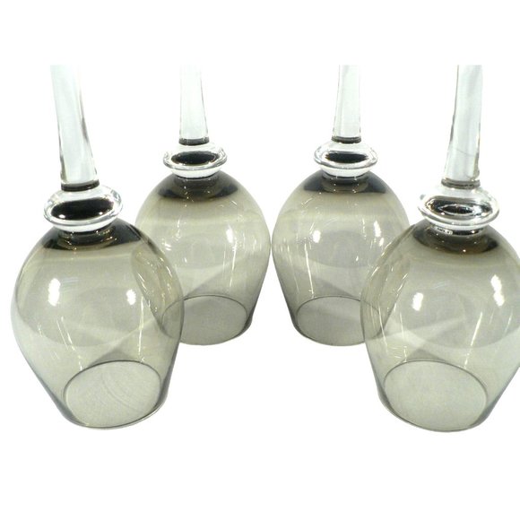 Wine Glass Goblet Smoked Gray Clear Stem Set of 4 Vintage Glassware 10" - Picture 2 of 15